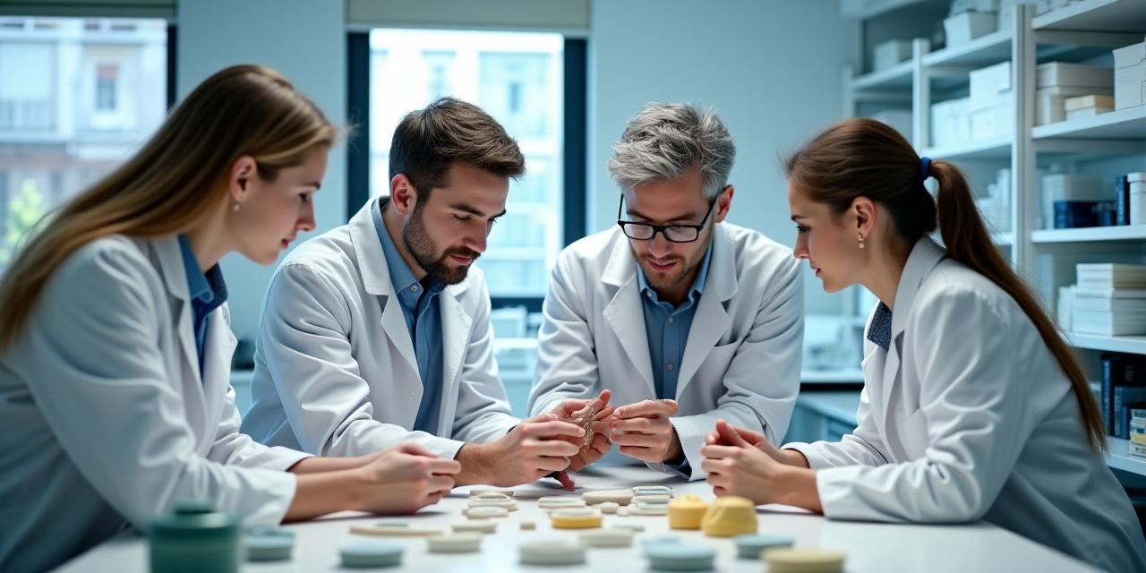 Επιστήμονες και φοιτητές συνεργάζονται σε ένα σύγχρονο εργαστήριο, με βιώσιμα κεραμικά δείγματα στο τραπέζι